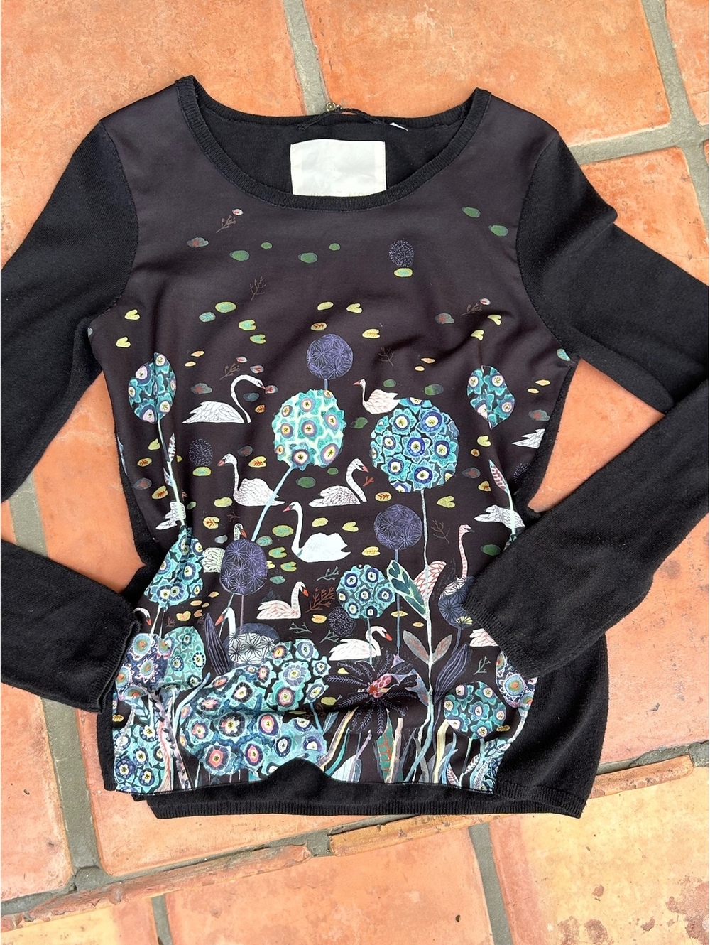 Anthropologie Michelle Morin Swan Botanical Print Sweater